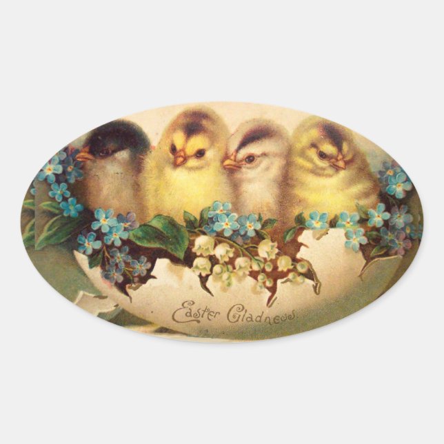 STICKER OVALE POULET AUX FLEURS BLANCHES BLEUES DANS L'OEUF DE P (Devant)