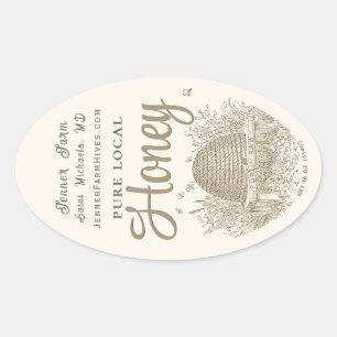 Sticker Ovale Queenline Jar Skep Vintage avec les petites abeill