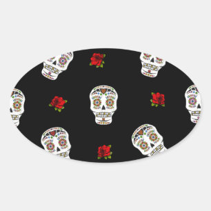Sticker Ovale RAB Rockabilly Sugar Skulls Roses sur fond noir
