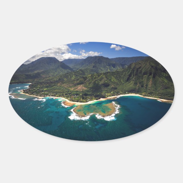 Sticker Ovale Récif des tunnels sur l'île hawaïenne de Kauai (Devant)
