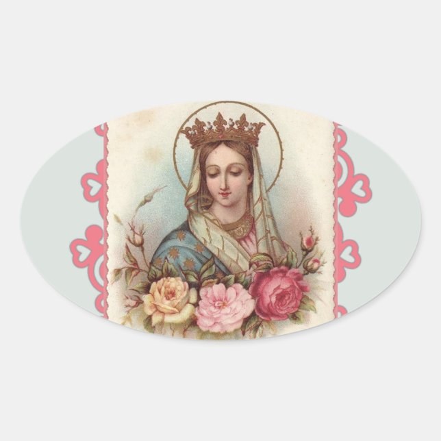 Sticker Ovale Reine Béni Mère Vierge Marie Roses (Devant)