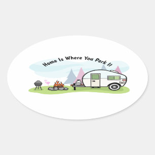 Sticker Ovale Remorque Animée de camping