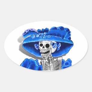 Sticker Ovale Rire Skeleton Woman dans Blue Bonnet