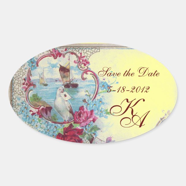 Sticker Ovale ROMANTICA MONOGRAM, Enregistrer la date, Jaune (Devant)
