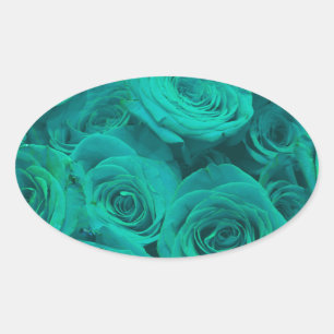 Sticker Ovale Romantique élégant turquoise - roses verts