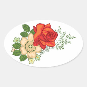 Sticker Ovale Rose rouge et marguerites