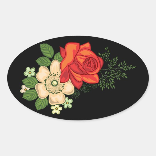 Sticker Ovale Rose rouge et marguerites Arrière - plan noir (Devant)