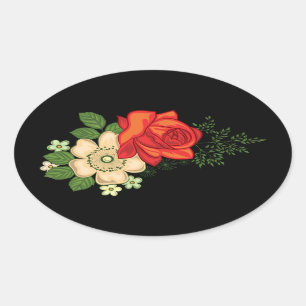 Sticker Ovale Rose rouge et marguerites Arrière - plan noir