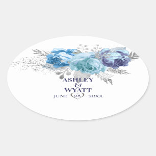 Sticker Ovale Roses bleus avec Feuilles brillants