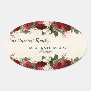 Sticker Ovale Roses rouges de Bourgogne et Merci Vintage Feuille