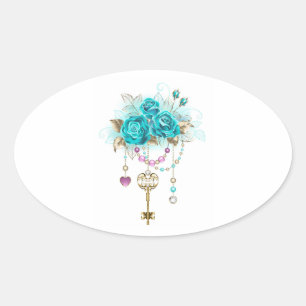 Sticker Ovale Roses turquoise avec touches