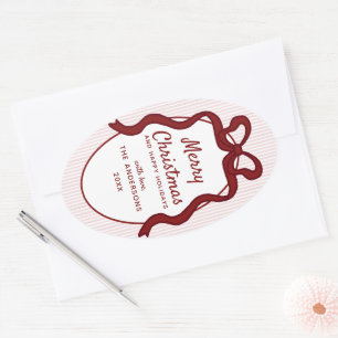 Sticker Ovale Rouge Classique Rayures Roses & Cadre Noël à Ruban