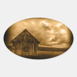 Sticker Ovale rustique de l'ouest ferme ancienne grange