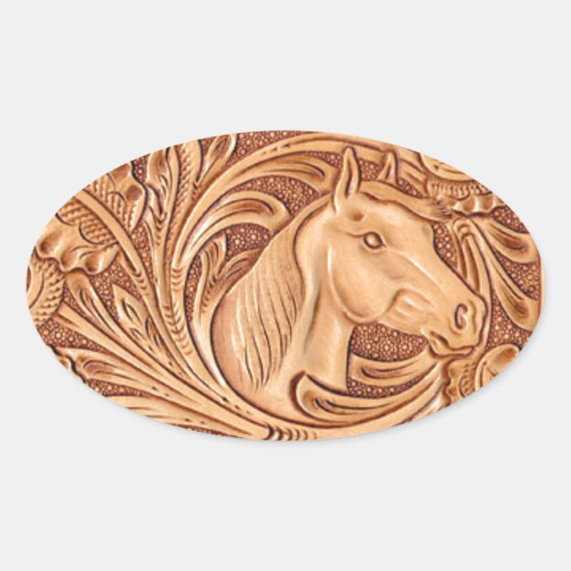Sticker Ovale rustique western country cuir cheval équestre (Devant)