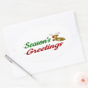 Sticker Ovale Script de Noël de Flying Reindeer Joyeuses Fêtes
