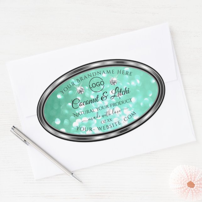 Sticker Ovale Shimmery Turquoise Parties scintillant Produit Éti (Enveloppe)