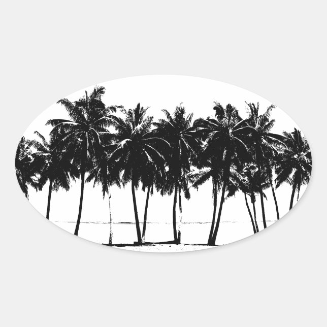 Sticker Ovale Silhouette de palmiers blancs noirs (Devant)