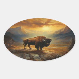 Sticker Ovale Silhouette du coucher de soleil de bison de buffle