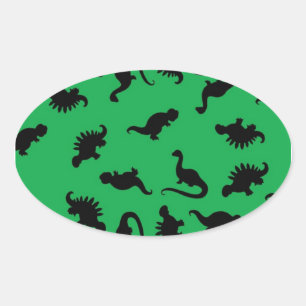 Sticker Ovale Silhouettes de dinosaures sur fond vert motif