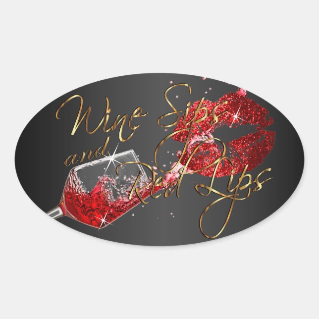 Sticker Ovale Sips de vin et lèvres rouges sur noir (Devant)