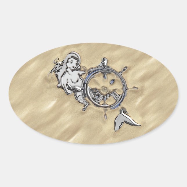 Sticker Ovale Sirène d'argent dans le sable (Devant)