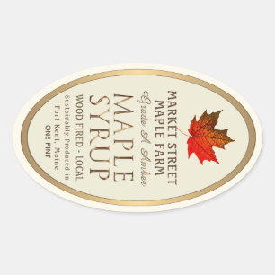 Sticker Ovale Sirop d'érable à bordure or avec feuille d'érable