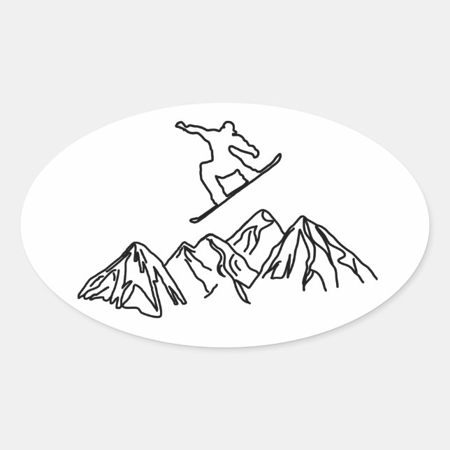 Sticker Ovale Snowboarder en montagne, 02 (Devant)