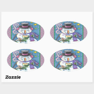 STICKER OVALE SNOWMAN, GINGERPREAD MAN & MUG OF CHOCOLAT CHAUD