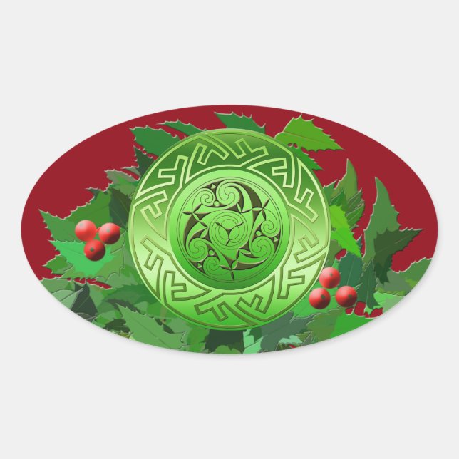 Sticker Ovale Spirale de Yule celtique avec Holly (Devant)