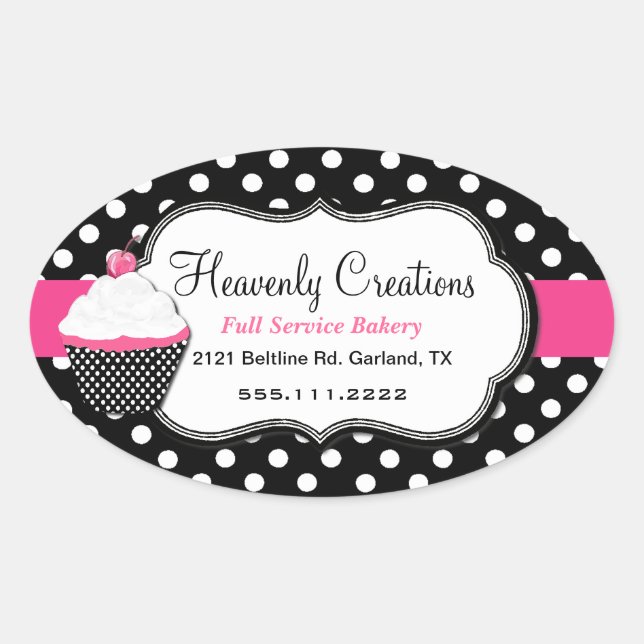 Sticker Ovale Stick élégant Pointe Polka et Boulangerie Cupcake (Devant)