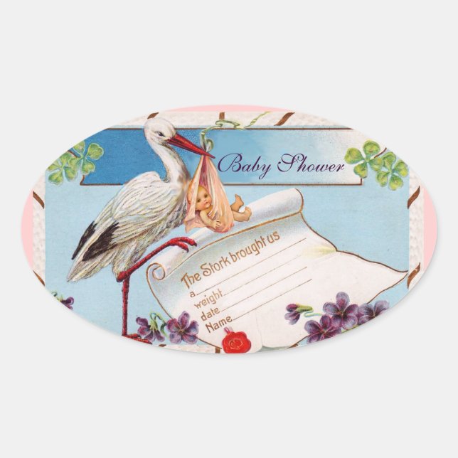 STICKER OVALE STORK BÉBÉ FILLE DOUCHE 2 (Devant)