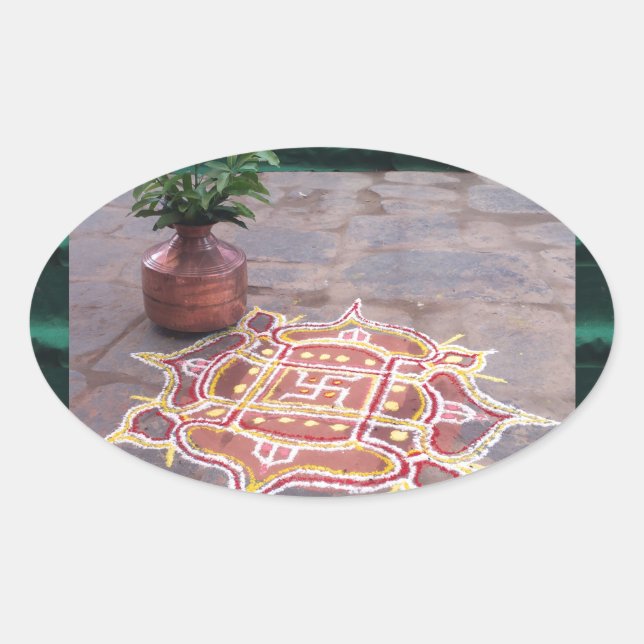 Sticker Ovale Symboles indiens de mariage de rangoli de svastika (Devant)