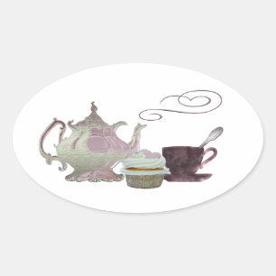 Sticker Ovale Teapot rose, Teapup et Cupcake Art