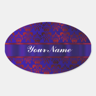 Sticker Ovale Tourbillon rouge et bleu damassé