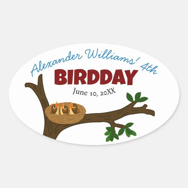 Sticker Ovale Tree Bird Nest Bébé Oiseaux Fête d'anniversaire de (Devant)