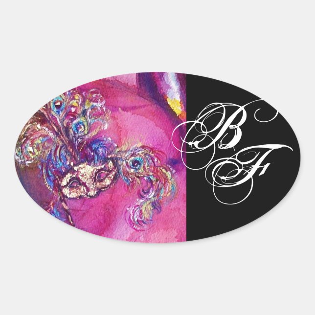 Sticker Ovale TROISIÈME MASQUE, Monogramme Fuchsia Black (Devant)