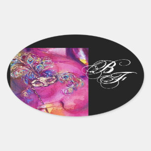 Sticker Ovale TROISIÈME MASQUE, Monogramme Fuchsia Black