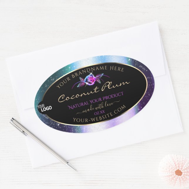 Sticker Ovale Turquoise Parties scintillant violet noir Étiquett (Enveloppe)