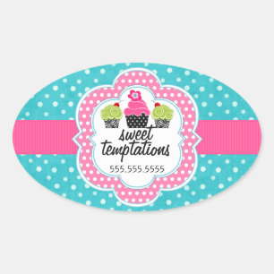 Sticker Ovale Turquoise Polka Dot Cupcake Bakery