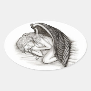 Sticker Ovale Un Angel endormi, noir et blanc