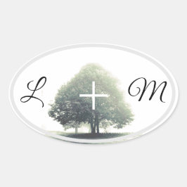 Sticker Ovale Un arbre dans le brouillard avec des lettres