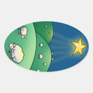 Sticker Ovale Un troupeau de moutons sous l'étoile de Noël