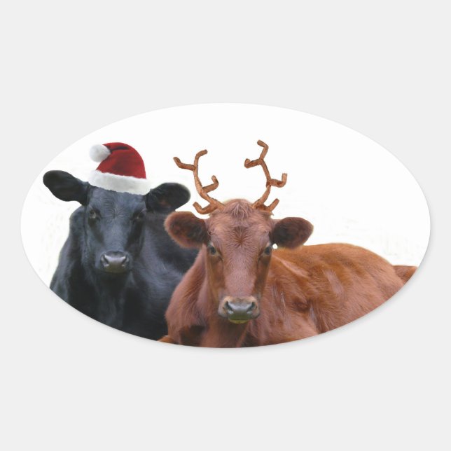 Sticker Ovale Vaches de Noël à Santa Hat et Antlers (Devant)