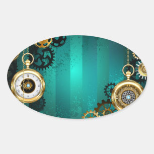 Sticker Ovale Veille bijoux Steampunk sur un Arrière - plan vert