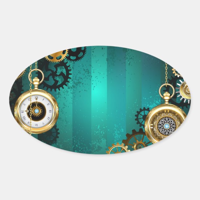 Sticker Ovale Veille bijoux Steampunk sur un Arrière - plan vert (Devant)