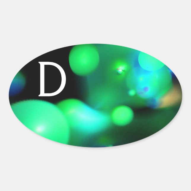 STICKER OVALE VERT TURQUOISE BLEU FRACTAL BUBBLES MONOGRAMME (Devant)
