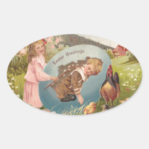 Sticker Ovale Vintage Pâques Victorienne fille et garçon