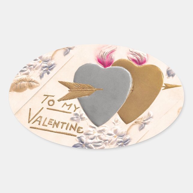 Sticker Ovale Vintage Silver & Gold Hearts Valentine Postcard (Devant)