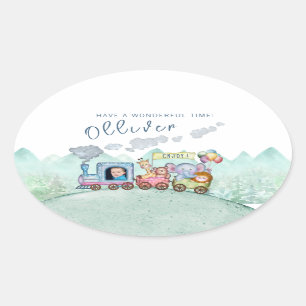 Sticker Ovale Vintage Train Boy Birthday Watercolor photo