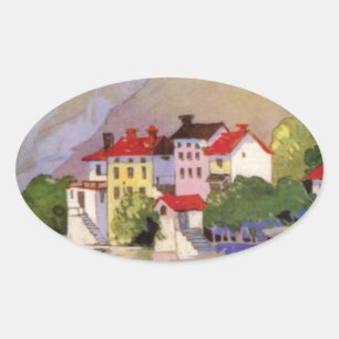 Sticker Ovale Vintage Village balnéaire Italie Tourisme